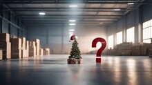 A Big Red Question Mark Next To A Christmas Tree In The Middle And Boxes Standing In The Corner Of An Empty Warehouse  With A Sepia Look, Beautiful Blurry Hidden Light Indoor Background. AI Generated.
