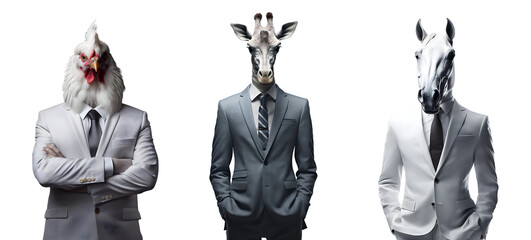 Wall Mural - Set of creative animal head in business suit and standing posing, chicken, giraffe, horse, Contemporary art idea concept design, isolated on white and transparent background, ai generate