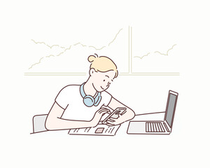 Wall Mural - woman working laptop. hand drawn style vector design illustrations.
