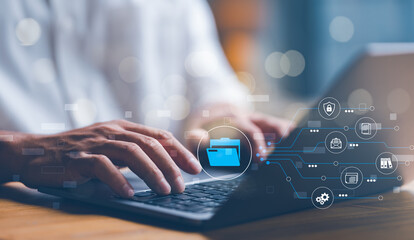 Folder document Management System DMS Open File folder with flying blank documents with computer. Data transfer backup, File Sharing, Document Transferring concept. searching and managing files.