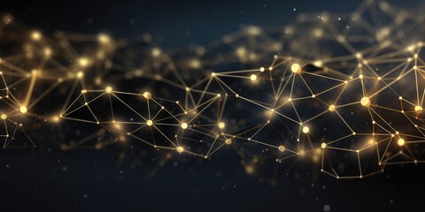 Poster - 3D network connections with plexus design black and gold color background wallpaper. Generative AI image weber.