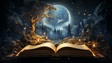 Fototapeta  - Magical open book with an astounding story telling background