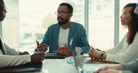 Poster - Business people, black man and meeting with leader, feedback and conversation with review. African person, manager and employees with discussion, ideas or teamwork with cooperation or brainstorming