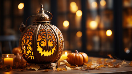 Sticker - Halloween decoration. Pumpkin lantern and autumn leaf in home interior design. Festive decorated