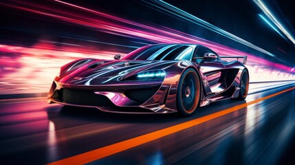 Wall Mural - Photo of sports car accelerating on a neon highway. Powerful acceleration of a supercar on a night track with lights and tracks. Car lights at night, long exposure