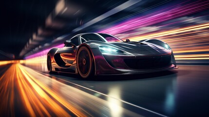 Wall Mural - Photo of sports car accelerating on a neon highway. Powerful acceleration of a supercar on a night track with lights and tracks. Car lights at night, long exposure