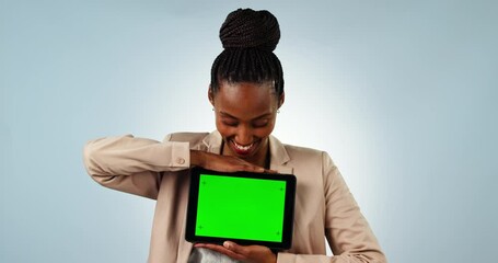 Poster - Happy black woman, tablet and green screen in advertising or marketing against a studio background. Portrait of African female person or employee smile showing technology app, display or mockup space