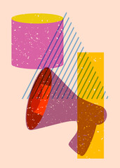 Poster - Risograph megaphone with geometric shapes. Object in trendy riso graph design with geometry elements.
