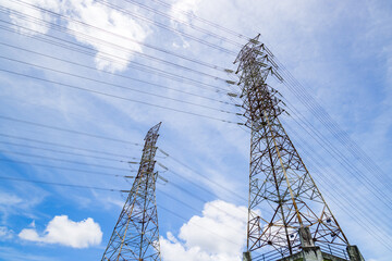 Wall Mural - Electric power lines and pylon against blue sky