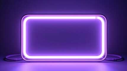 Wall Mural - 3D Violet rectangular retro frame with glowing lamps on dark background.