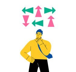 Contemplation businessman making decision where to go next. Business direction or thinking concept. Flat vector illustration isolated on white background