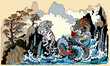 Azure Dragon and White Tiger Encounter at the Waterfall. Celestial feng shui animals. Mythological creatures facing each other are surrounded by water waves. Chinese landscape. Vector illustration 
