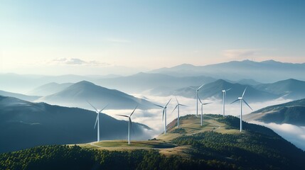 A Clean energy industry: Green energy wind farms on high mountains, aerial photography