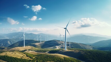a clean energy industry: green energy wind farms on high mountains, aerial photography