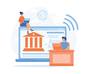 Poster - online banking system, finance digital transformation concept, people with laptop and financial digi