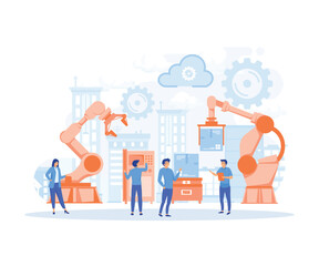 Wall Mural - Smart Factory and working person using wireless technology to control, infographic of industry 4.0 concept, flat vector modern illustration