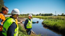 Natural Water Sources Maybe Contaminated By Toxic Waste Or Suspicious Pollution Sites. The Environmental Engineers Inspect Water Quality And Take Water Samples Notes In The Field Near Farmland.