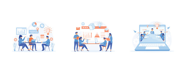Poster - business meeting, business work flow, time management, planning, Corporate business team having a meeting in a virtual office room, set flat vector modern illustration