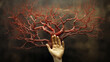 Human hand on a background formed by tree roots. AI generated