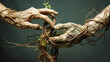 Anatomical human hand transformed into a tree branch and covered in roots. AI generated