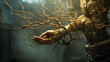Anatomical human hand transformed into a tree branch and covered in roots. AI generated