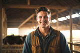Fototapeta Las - A smiling young male farmer in the cow barn.