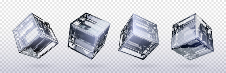 Poster - 3d glass cube box vector isolated on transparent background. Crear black and white realistic geometric block with reflection. Glossy acrylic object design polygon set. Glassy futuristic art icon