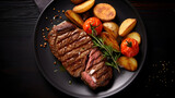 Fototapeta  - Grilled Beef steak with Vegetables And Potatoes Chips On Plate, Generated AI