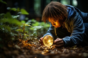 Wall Mural - Student holding a magnifying glass to examine a leaf, Generative AI