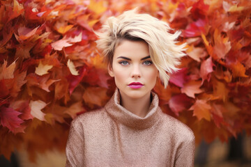 Wall Mural - Beautiful fashion model woman face on autumn leafs, short blonde hair