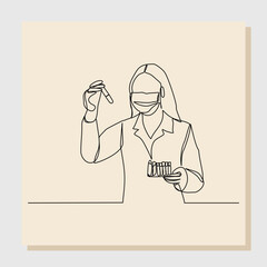 Wall Mural - continuous single line sketch hand drawn drawing of woman scientist analyze formula on laboratory tu