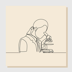 Wall Mural - continuous single line sketch drawing of female scientist analyze using microscope in laboratory. on