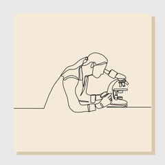 Wall Mural - continuous single line sketch drawing of female scientist analyze using microscope in laboratory. on