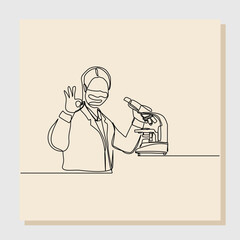 Wall Mural - continuous single line sketch drawing of female scientist analyze using microscope in laboratory. on