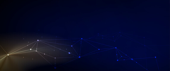 Aufkleber - Vector molecule, Network Connect, gold line with dot, technology on blue background. Abstract internet network connection design. Digital tech, data, communication, science and futuristic concept