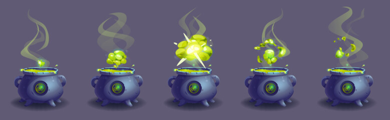 Aufkleber - Magic witch cauldron halloween game animation. Green steam cloud smoke evaporation sequence illustration kit. Cooking potion with bubble explosion spritesheet set for mystery alchemy laboratory