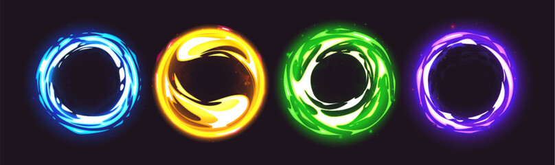 Poster - ring magic portal with light effect. cartoon vector illustration set of colorful glowing neon circle