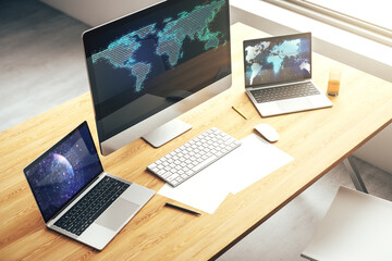 Poster - Abstract digital world map on modern computer monitor, big data and blockchain concept. 3D Rendering