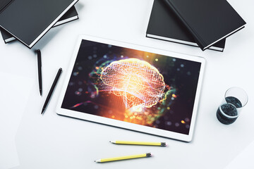 Poster - Creative artificial Intelligence concept with human brain hologram on modern digital tablet screen. Top view. 3D Rendering