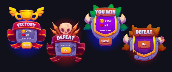 Poster - Win ui game icon, victory cartoon button design. Gold banner badge with awadt and fail concept with skull. Mobile popup label for complete and defeat level. 2d horn screen frame isolated set for app