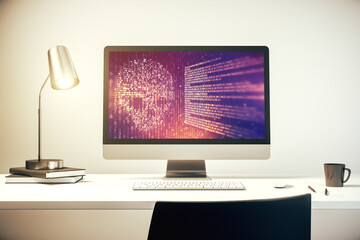 Poster - Modern computer monitor with creative code skull hologram. Malware and cyber crime concept. 3D Rendering