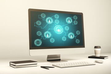 Poster - Modern computer display with social network icons concept. Networking concept. 3D Rendering