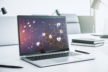 Poster - Creative abstract medical hologram on modern computer monitor, online medical consulting concept. 3D Rendering
