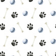 Dog paws, balls and bones. Watercolor seamless pattern. Cute pet-themed print for decoration, fabric, design, veterinary clinic, pet store, DIY, logo, scrapbooking, pet tags.