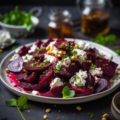 Beetroot salad with feta cheese and garlic in bowl on wooden table. Selective focus.