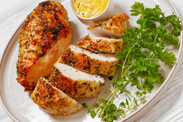 Sticker - Baked Split Chicken Breasts on plate, top view