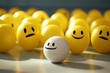 A lone yellow ball with a sad face among numerous white smiling balls. A supportive team stands with their leader. Generative AI