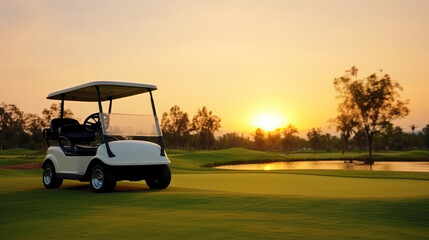 Wall Mural - Golf cart car in fairway of golf course with fresh green grass field.