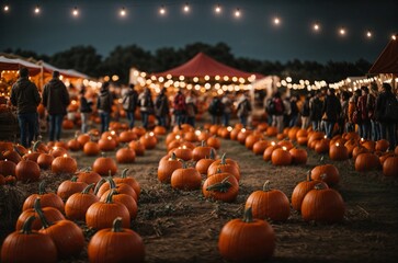 pumpkins on a pumpkin patch farm autumn fall festival with lights and people