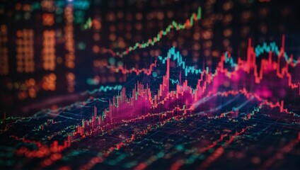 Poster - Perspective on the growth of the stock market business investment and data concepts with digital financial graphs Diagrams and indicators on a blurred red background.